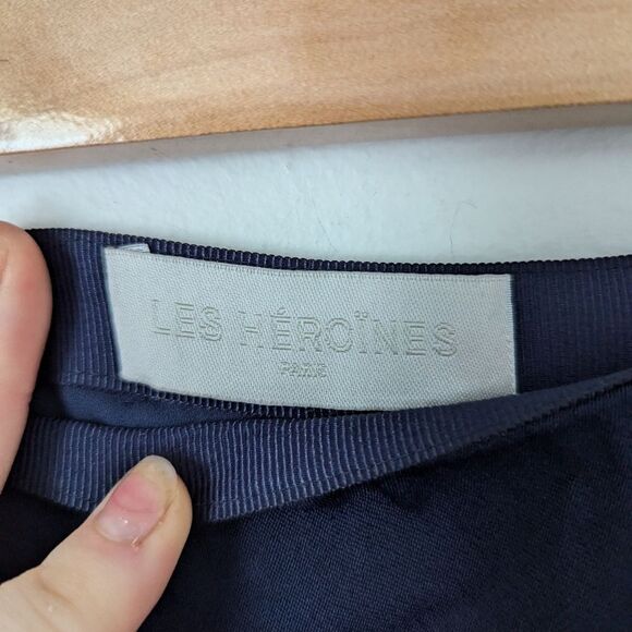 Les Heroines Paris navy blue satin crepe asymmetrical Maya wrap midi skirt - Picture 3 of 5